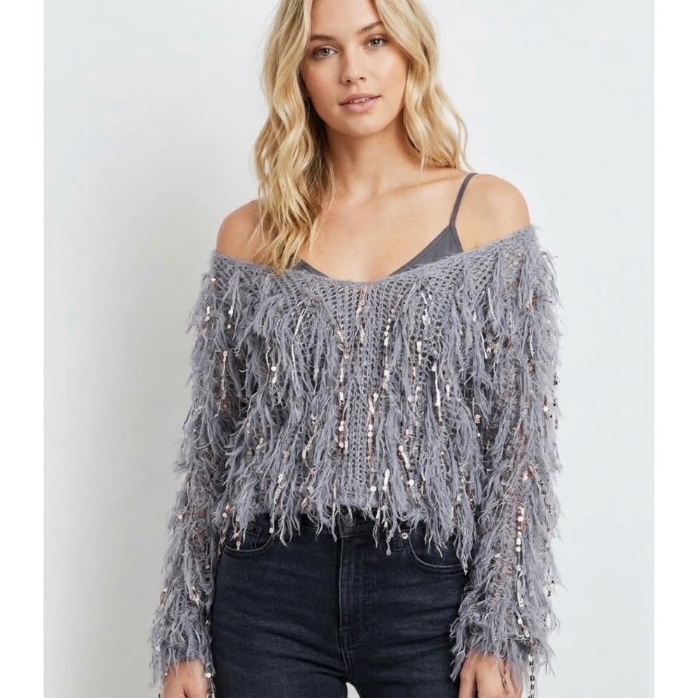 Shaggy Eyelash Knit Women Sweater Silver Metallic Tinsel Soft Fuzzy V Neck M